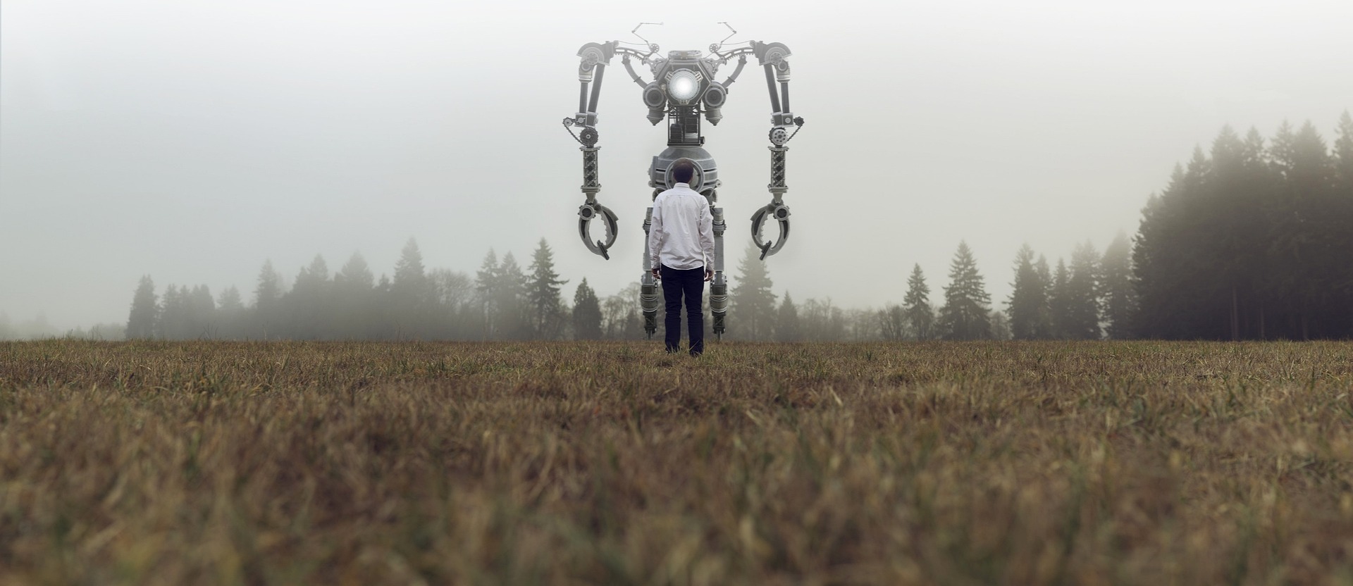 Hombre y un robot frente a frente. Solos, en medio del campo.